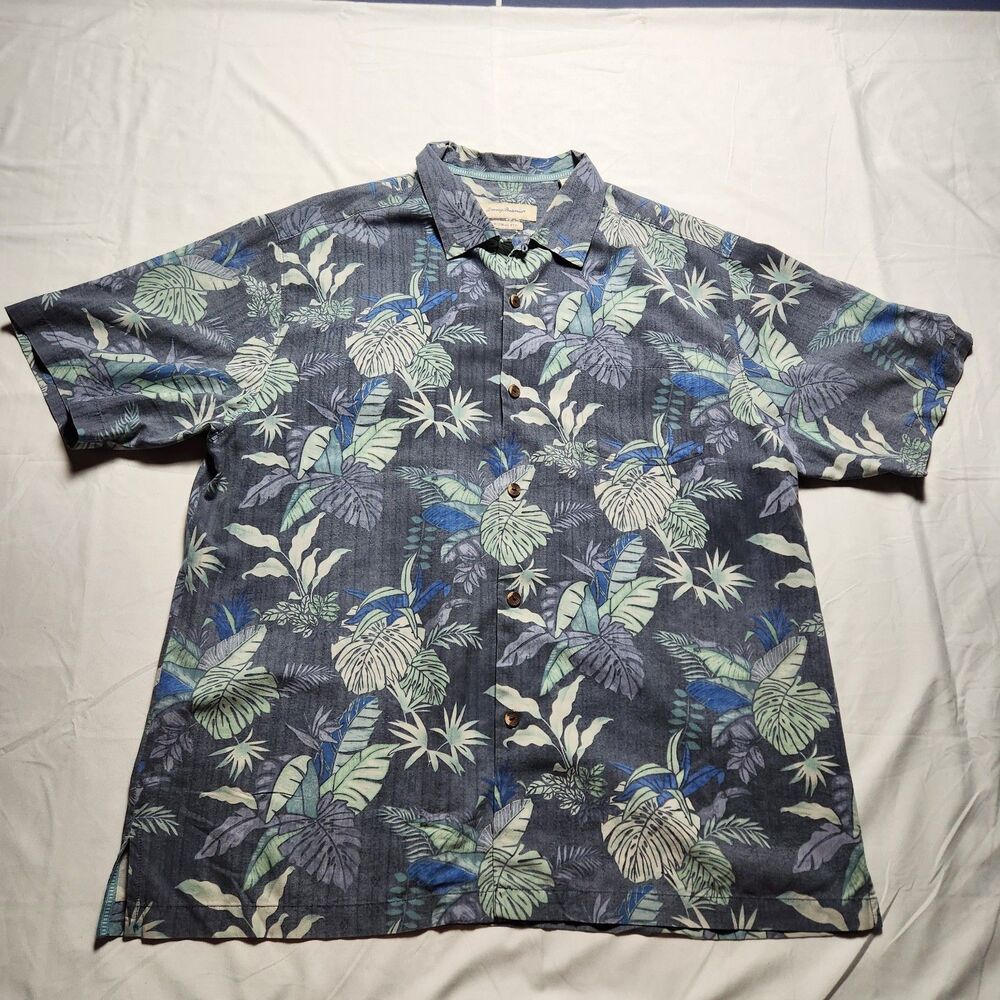 Tommy Bahama Mens XL 100% Silk Hawaiian Short Sleeve Button Down Shirt Blue
